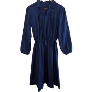 Vintage Handmade Shirt Dress Womens Large Blue 80s Midi Pleated Preppy Cottage